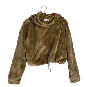 Weekend Edition Brown Fuzzy Crop Draw String Hoodie Velour ‎ Size:M 515